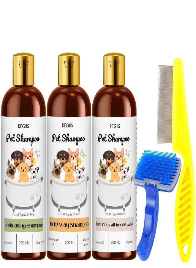 مجموعة شامبو ريجيس للحيوانات الأليفة للكلاب، عبوة من 3 قطع مع تركيبة شاملة لإزالة الشعر المتساقط وتخفيف الحكة، 200 مل لكل عبوة، تتضمن فرشاة تنظيف ومشط للبراغيث (عبوة من 5 قطع) - Image 1